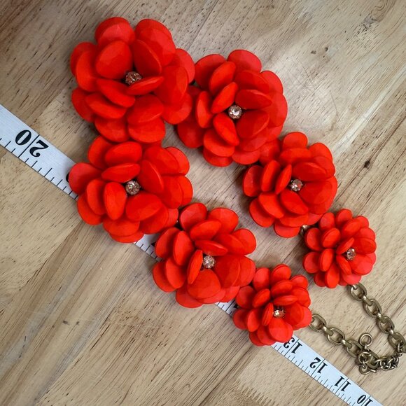 J. Crew Orange Floral Statement Necklace W/ Crystal Accents & Gold-Tone Chain - Picture 6 of 10